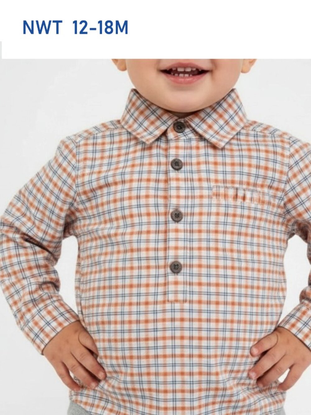 ME & HENRY Orange Navy Plaid Woven Bodysuit - Size 12/18m